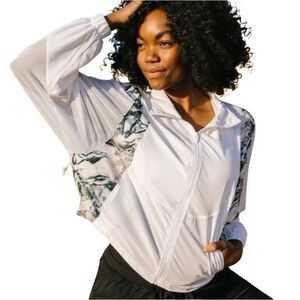 ZYIA Active Windbreaker Jacket Womens White Marble Mesh Back Packable Zip NEW NW